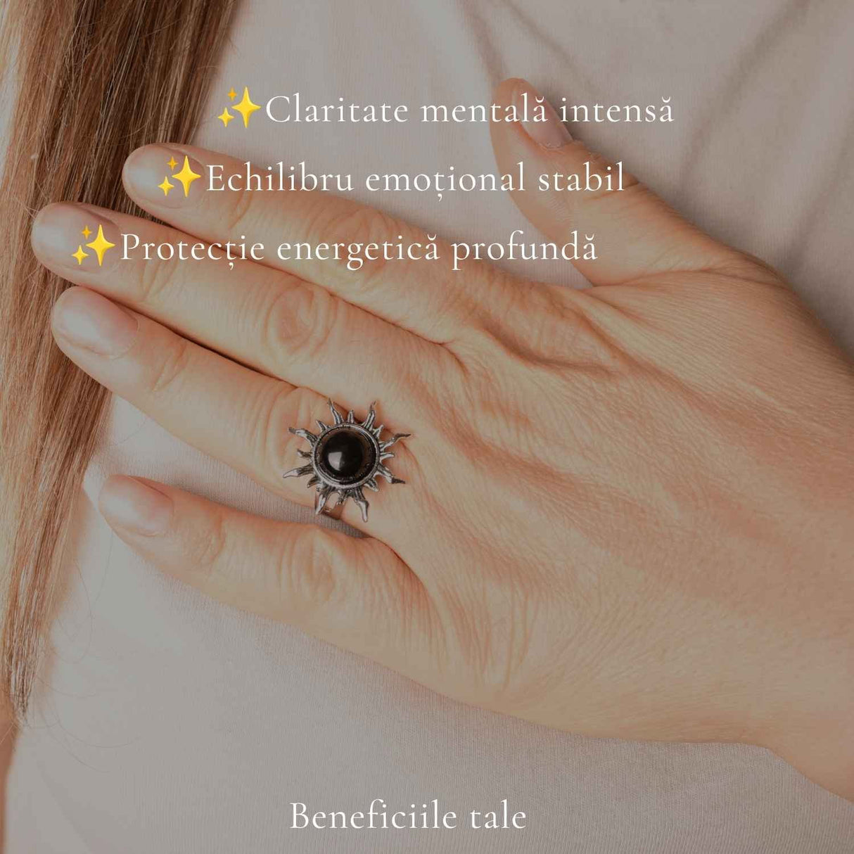 Inel cu Obsidian Natural in Forma de Soare – Protectie si Putere Interioara