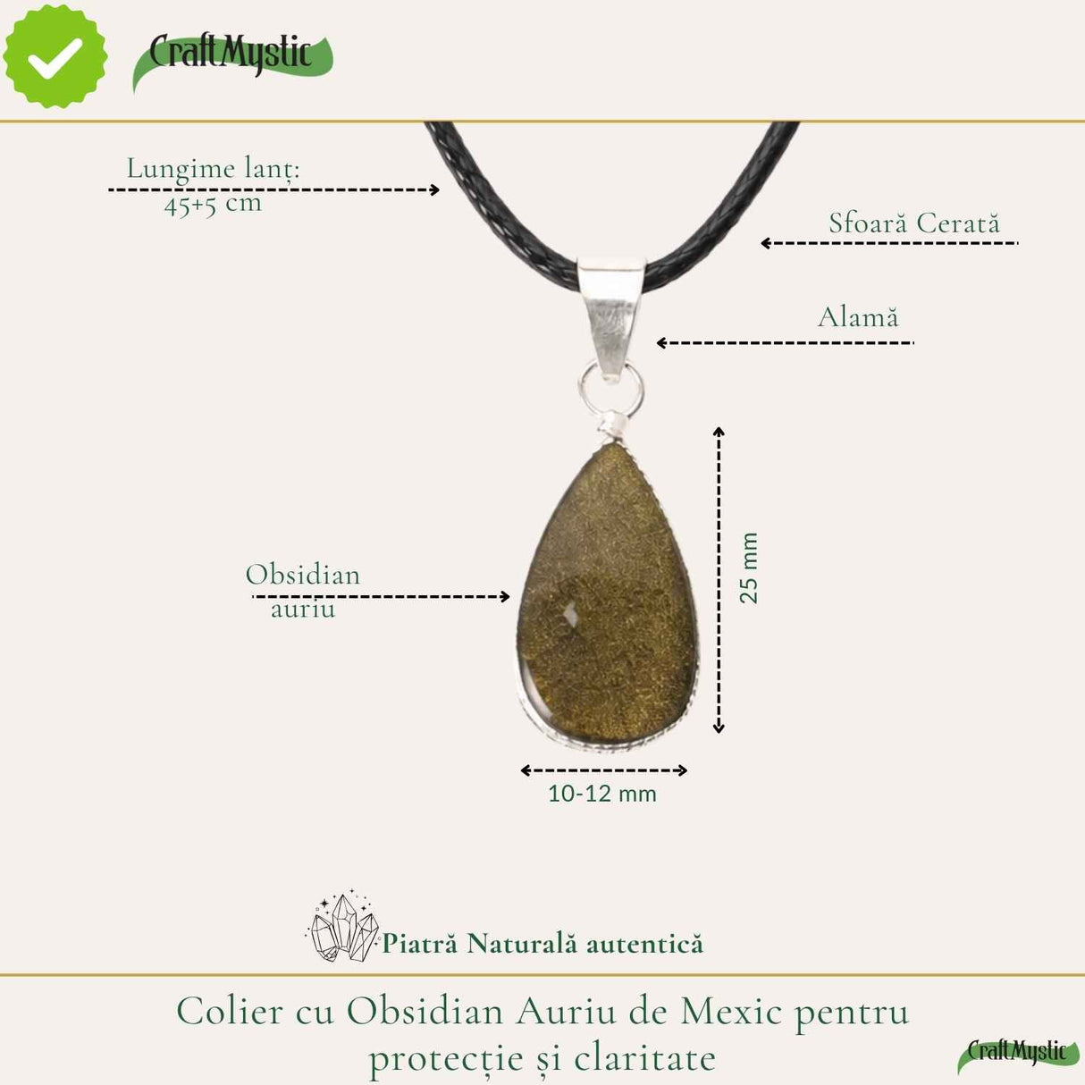 Colier cu Obsidian Auriu de Mexic in Forma de Lacrima – Protectie si Claritate Interioara