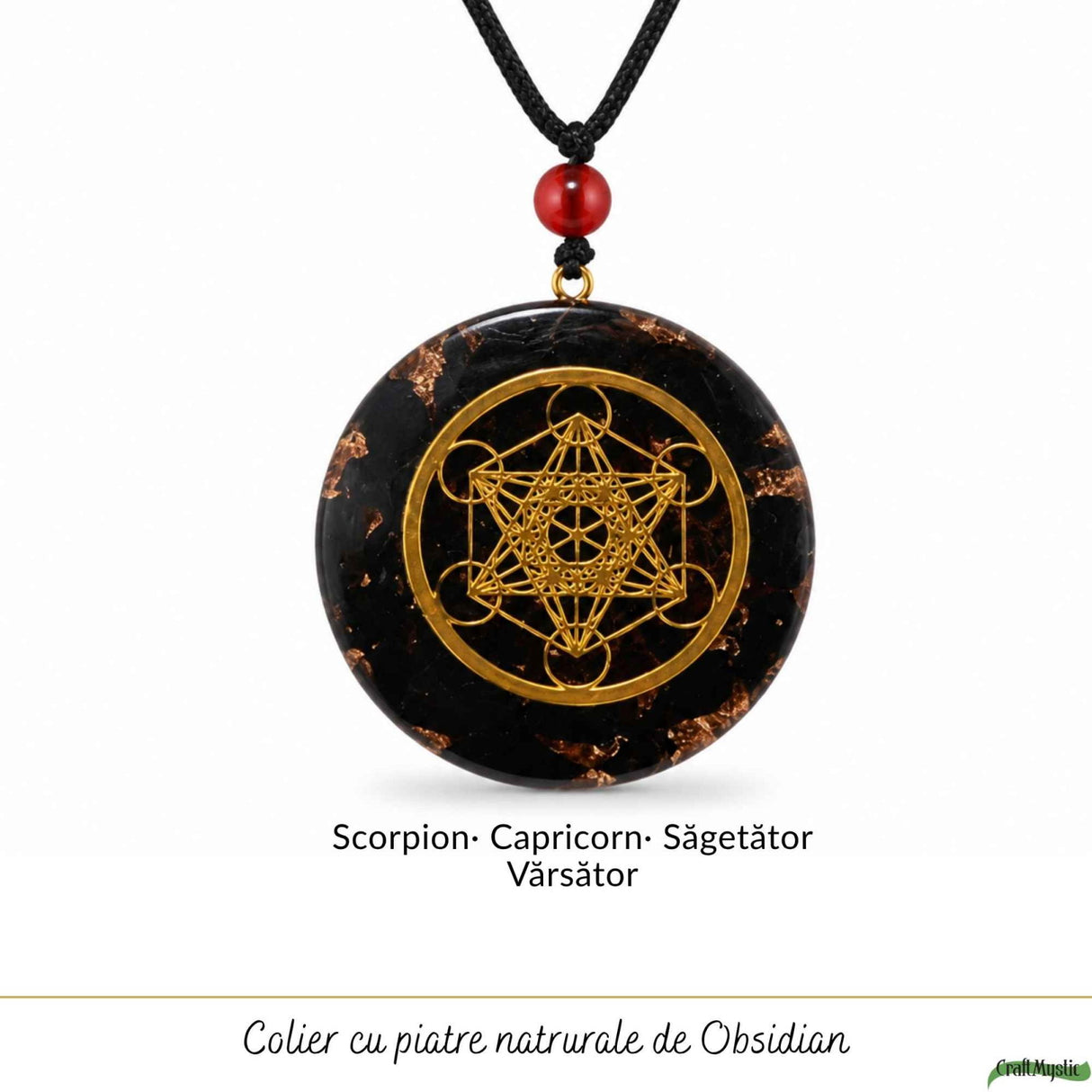 Colier Orgonit cu pietre naturale de Obsidian si Cubul lui Metatron – Protectie si Echilibru Interior