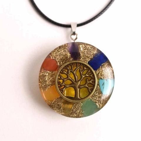 35mm Orgone Energy Pendant Necklace with Copper Tree of Life and Natural Stones for the Seven Chakras