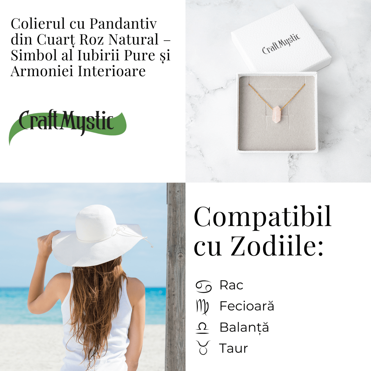 Colier din Cuart Roz Natural cu Pandantiv Fatetat Hexagonal
