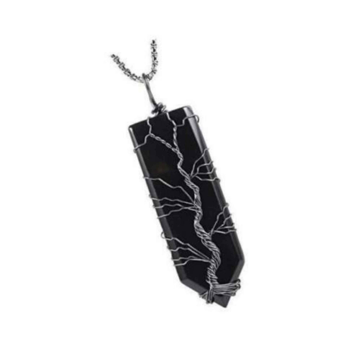 Colier cu pandantiv hexagonal din cristal obsidian - Realizat manual, infasurat intr-o sarma de cupru argintie, dandu-i o forma perfecta