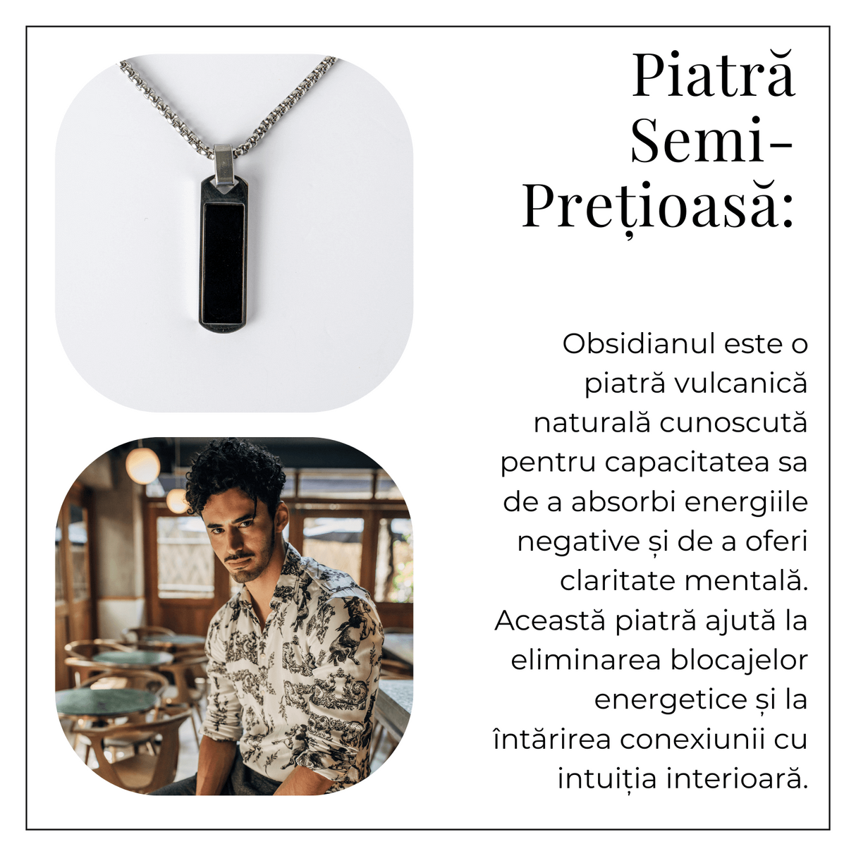 Colier din Otel Inoxidabil cu Obsidian Natural - Pandantiv Dreptunghiular Protectie si Transformare