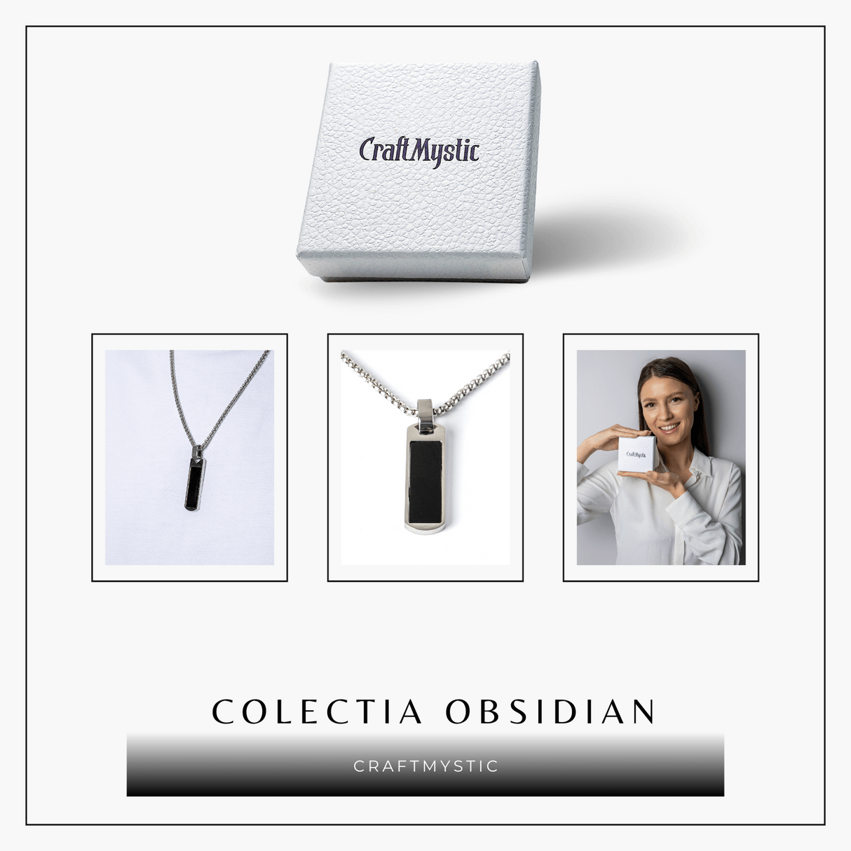 Colier din Otel Inoxidabil cu Obsidian Natural - Pandantiv Dreptunghiular Protectie si Transformare