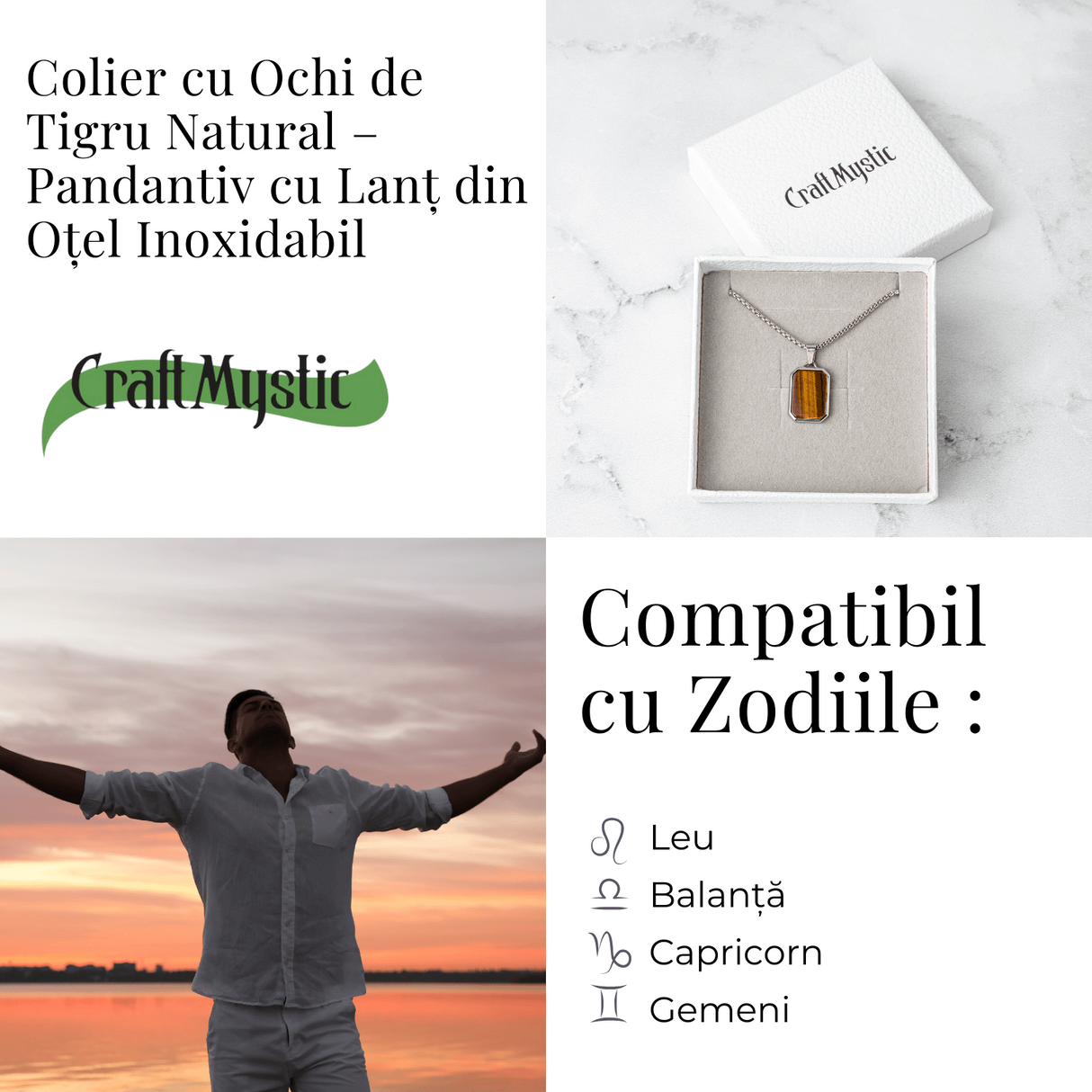 Colier cu Ochi de Tigru Natural si Pandantiv Dreptunghiular - Putere si Protectie