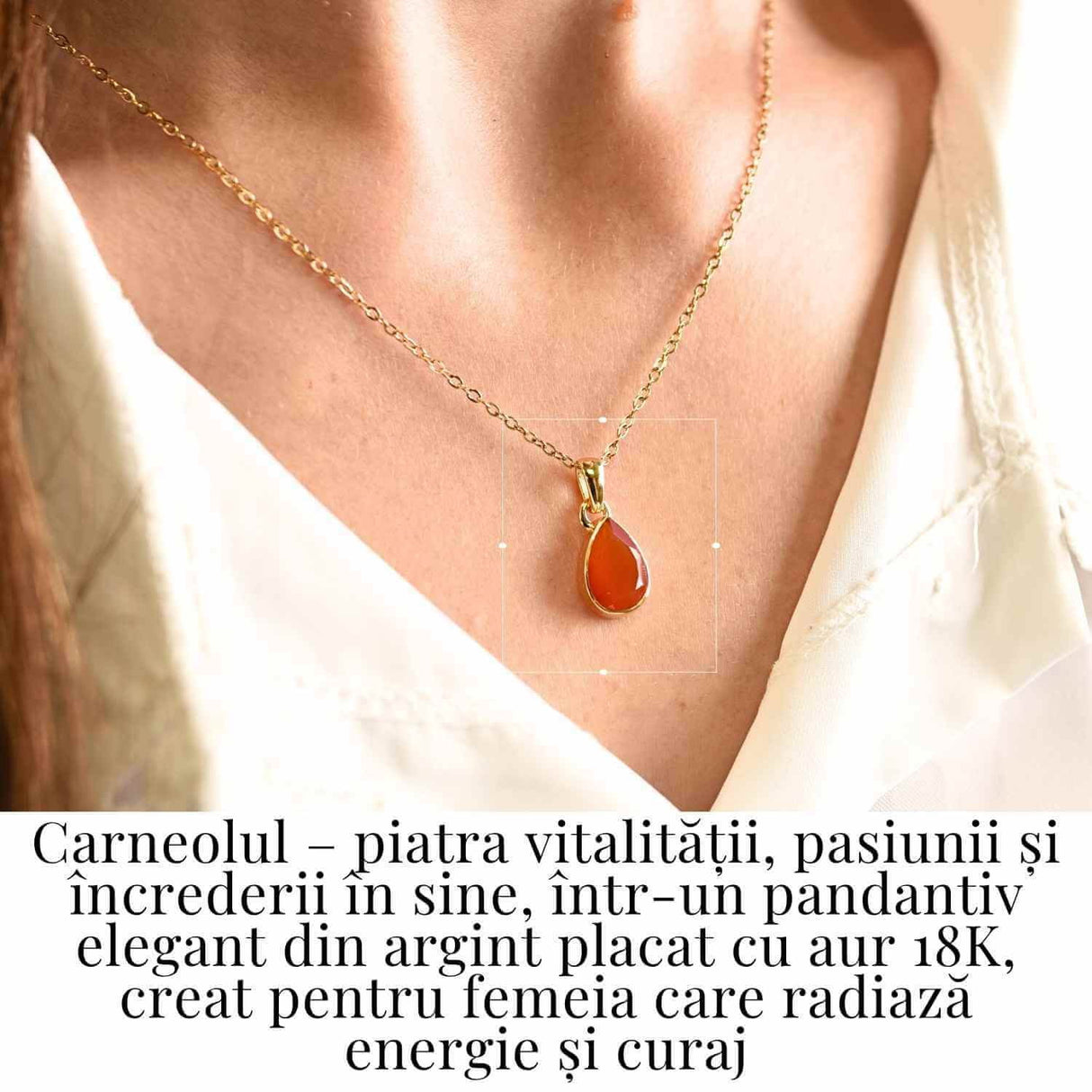 Colier cu lant inox cu Carneol Lacrima in montura Argint 925 Placat cu Aur 18K - Curaj si Energie Interioara