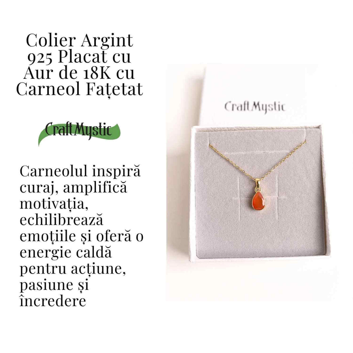 Colier cu lant inox cu Carneol Lacrima in montura Argint 925 Placat cu Aur 18K - Curaj si Energie Interioara