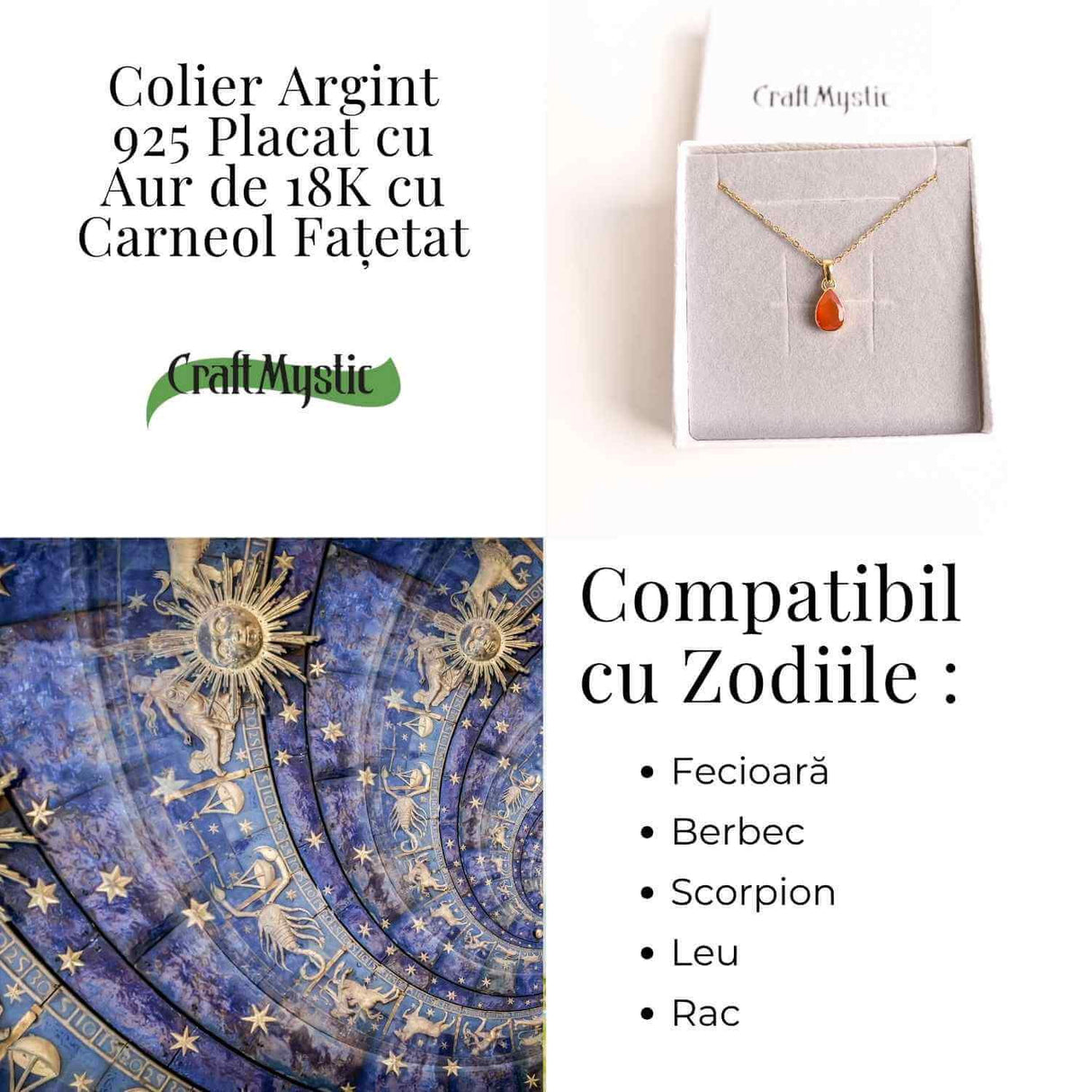 Colier cu lant inox cu Carneol Lacrima in montura Argint 925 Placat cu Aur 18K - Curaj si Energie Interioara