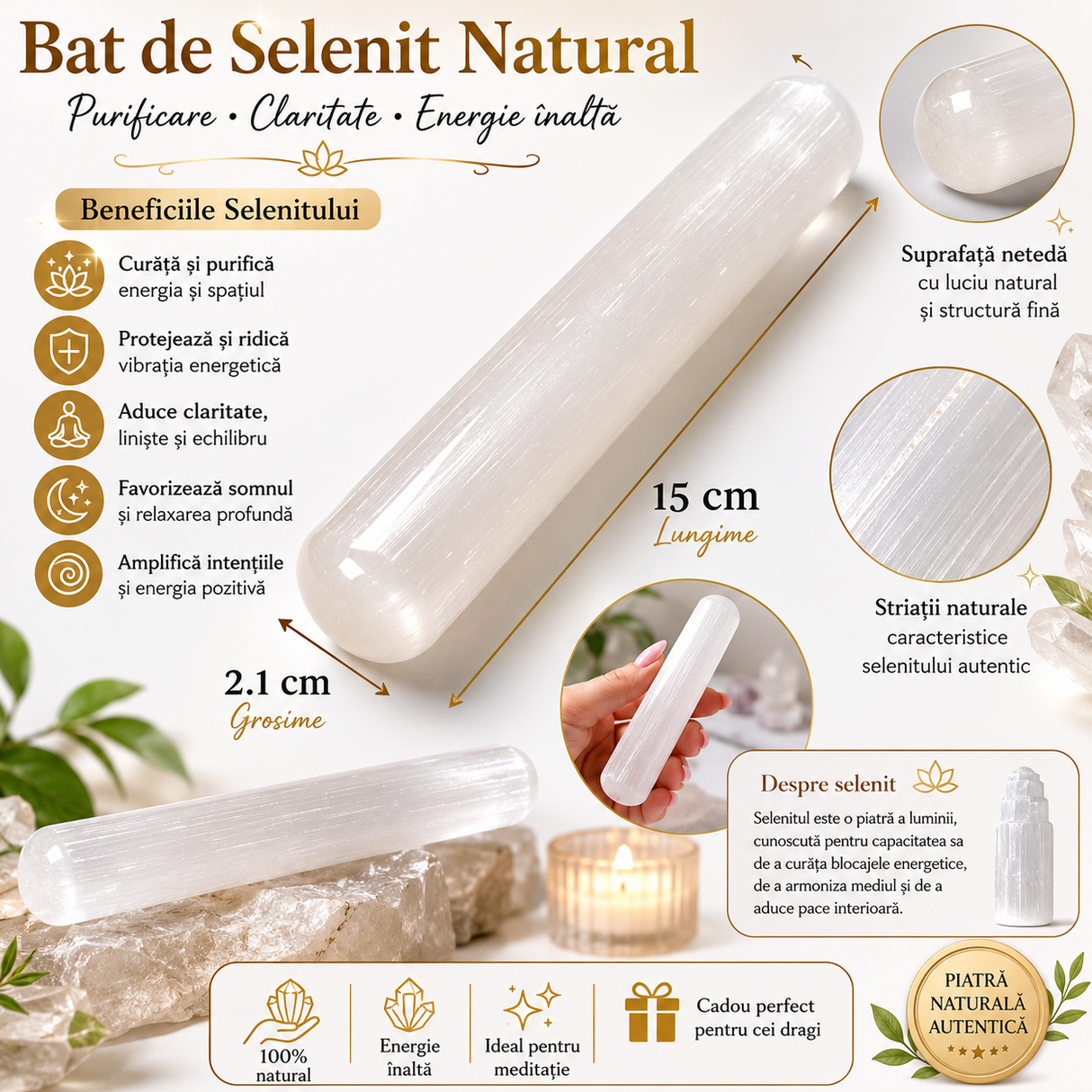 Bat 15 cm din Selenit Natural – Purificare Energetica, Claritate si Echilibru Interior