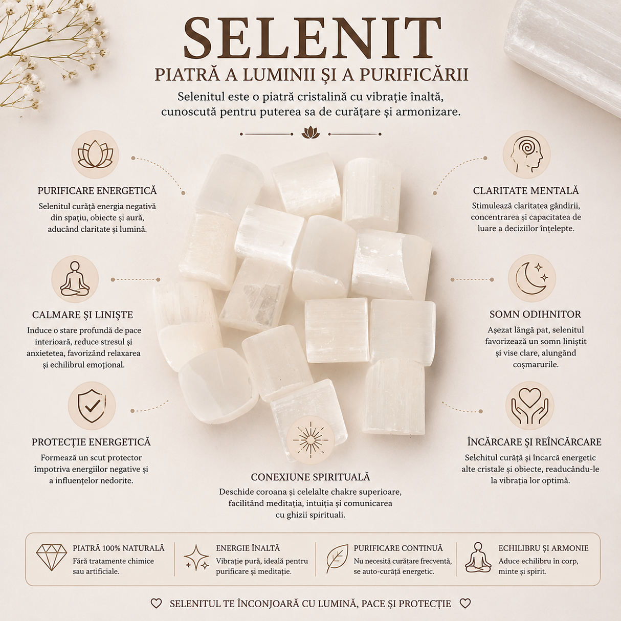 Pietre de Selenit Natural 2-3 cm – Purificare Energetica si Claritate Interioara