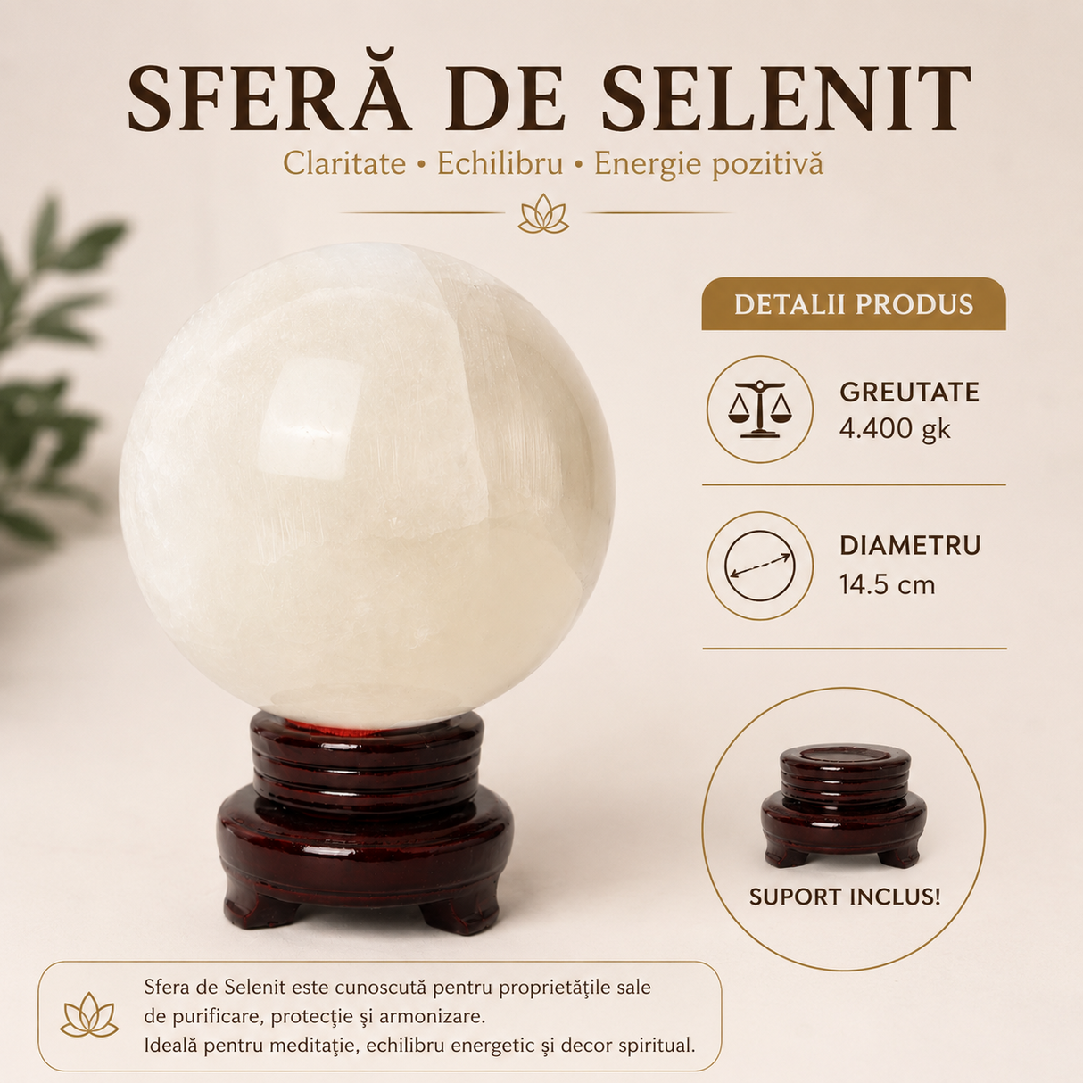 Sfera din Selenit Natural 14.5 cm – Claritate, Purificare si Armonie Energetica