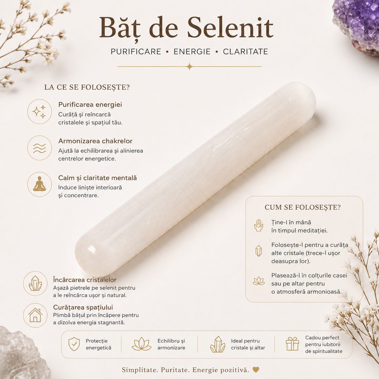 Bat de Selenit Natural 20 cm – Purificare Energetica si Claritate Interioara