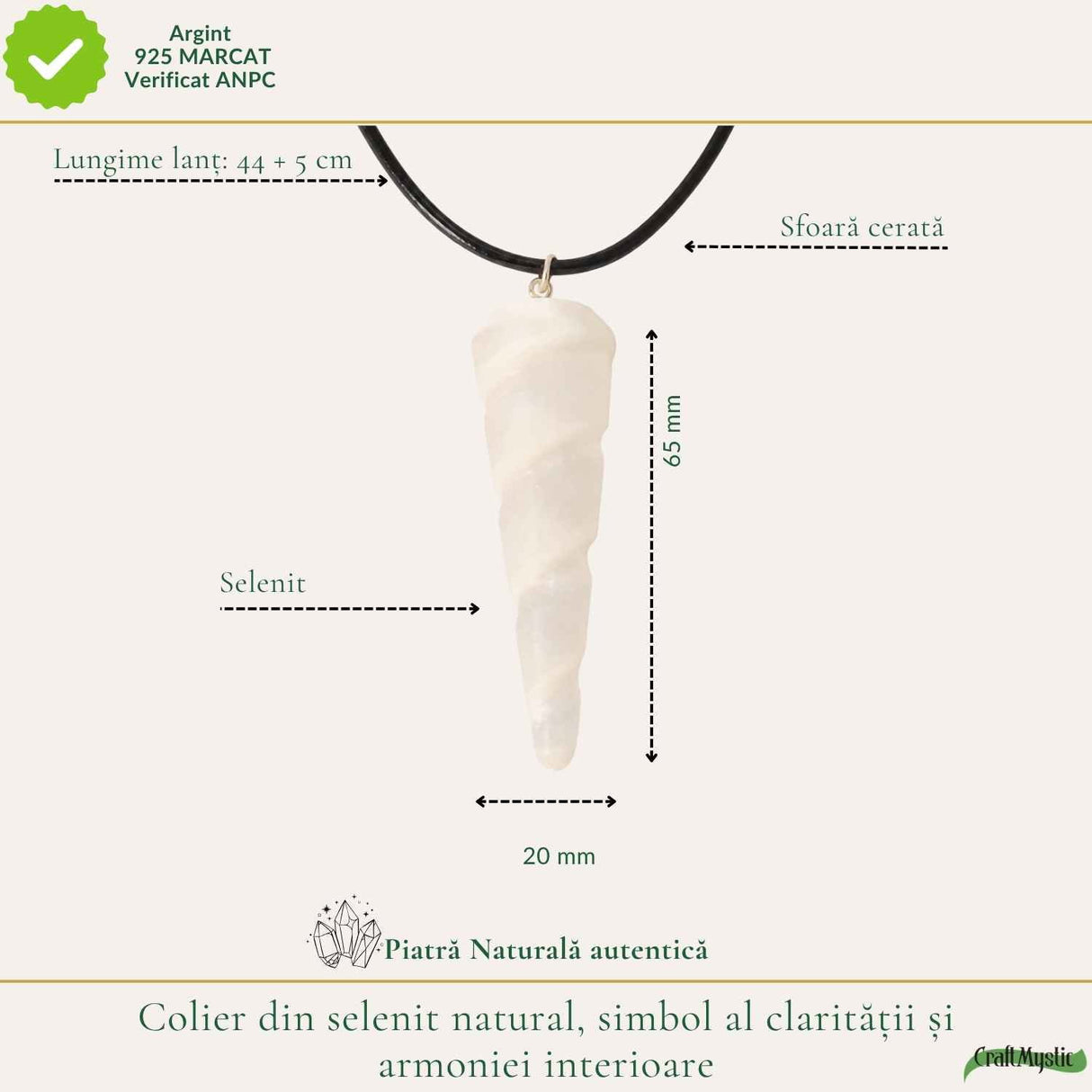 Colier cu Selenit Natural Con Spiralat – Claritate, Echilibru si Energie Luminoasa