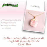 Colier auriu ajustabil cu pandantiv din Cuart Roz brut - Vindecare si Iubire dimensiune 35-50 mm
