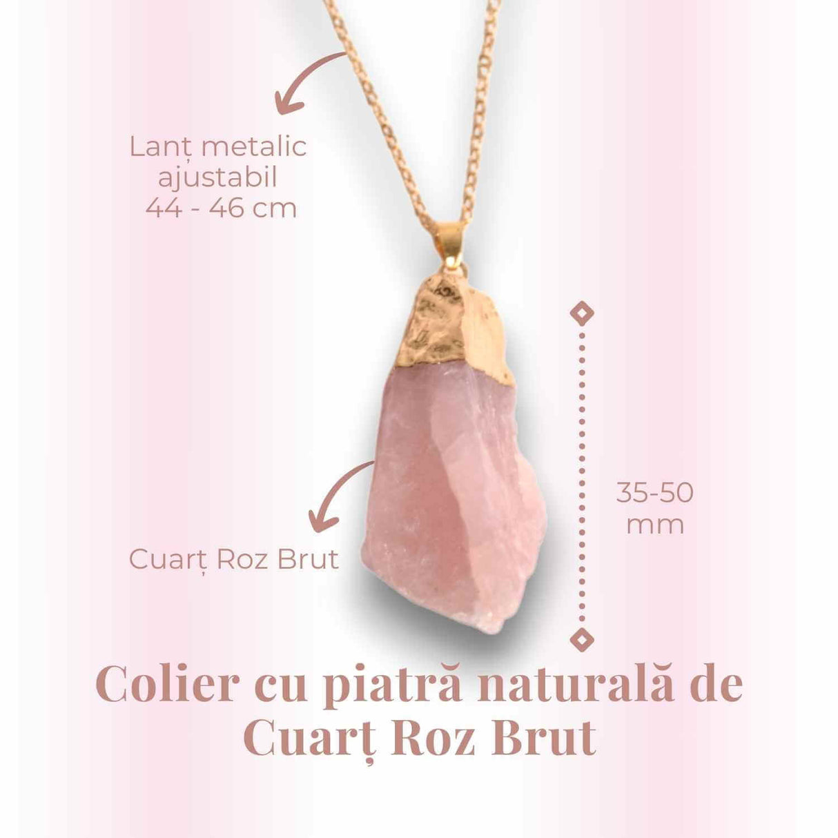 Colier auriu ajustabil cu pandantiv din Cuart Roz brut - Vindecare si Iubire dimensiune 35-50 mm