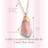 Colier auriu ajustabil cu pandantiv din Cuart Roz brut - Vindecare si Iubire dimensiune 35-50 mm