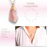 Colier auriu ajustabil cu pandantiv din Cuart Roz brut - Vindecare si Iubire dimensiune 35-50 mm
