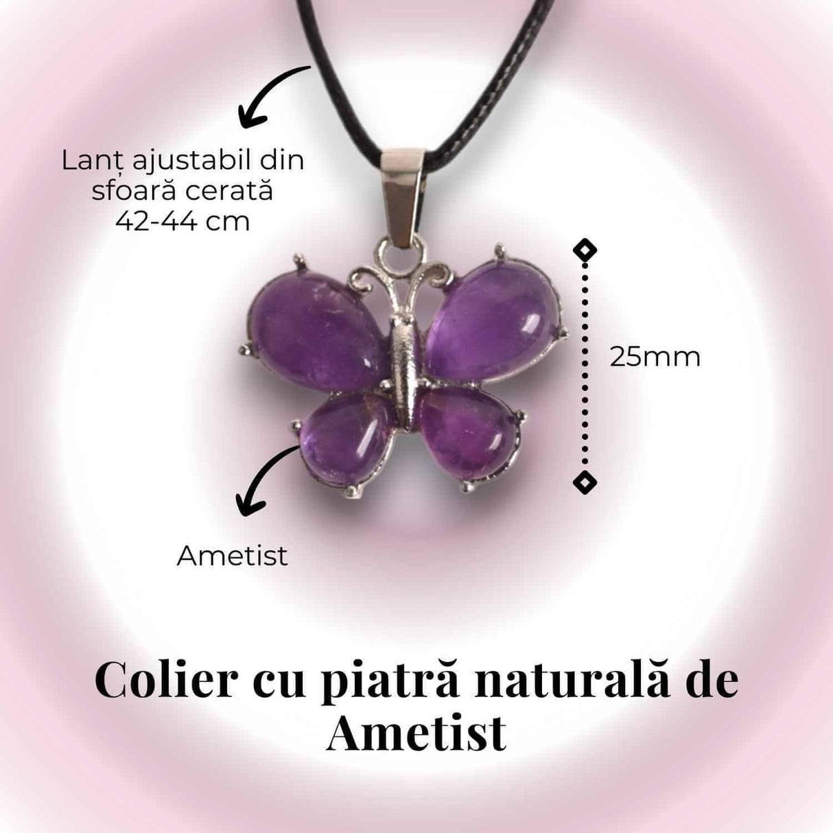 Colier ajustabil fluture cu Ametist - Protectie si Eleganta