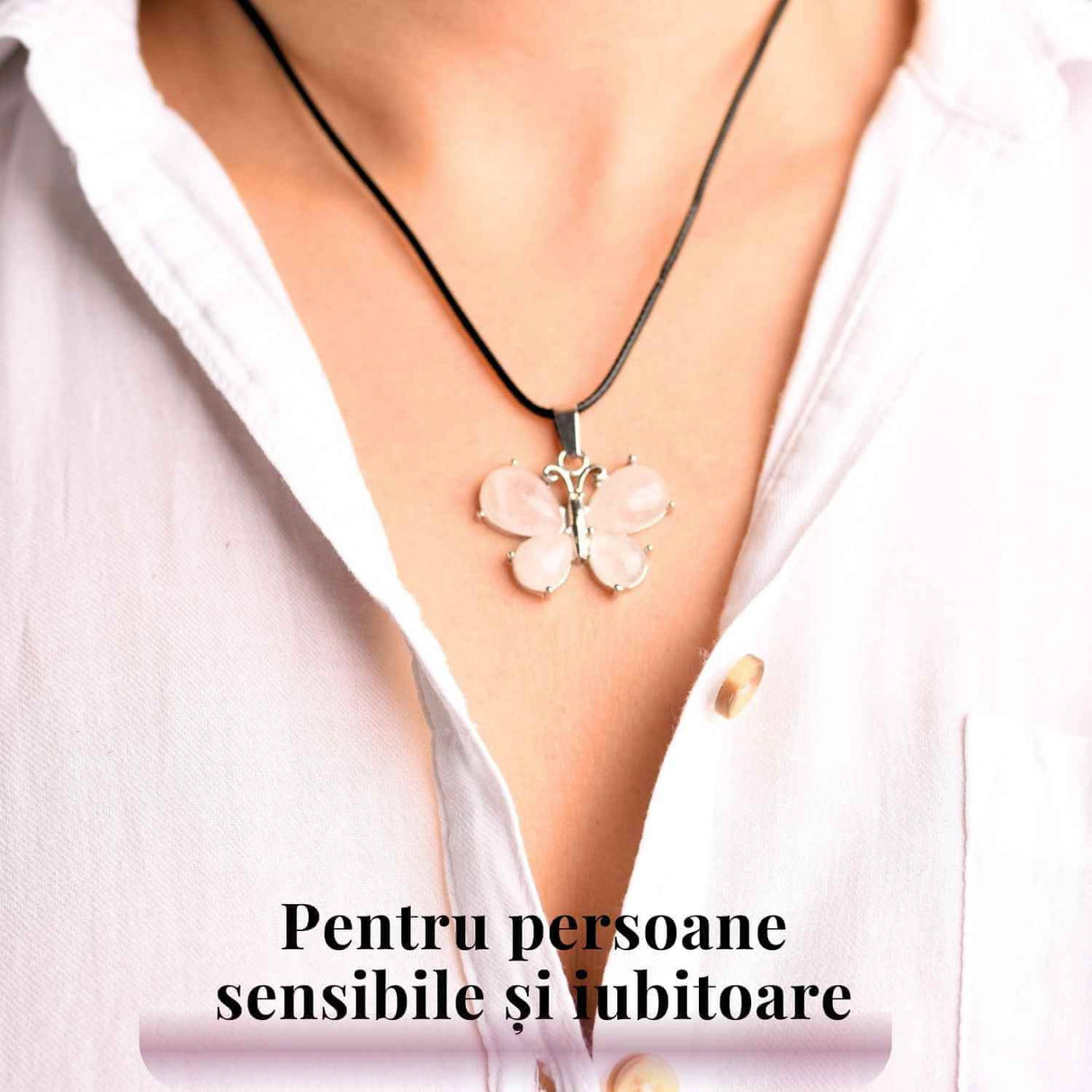 Colier ajustabil fluture cu Cuart Roz - Protectie si Eleganta