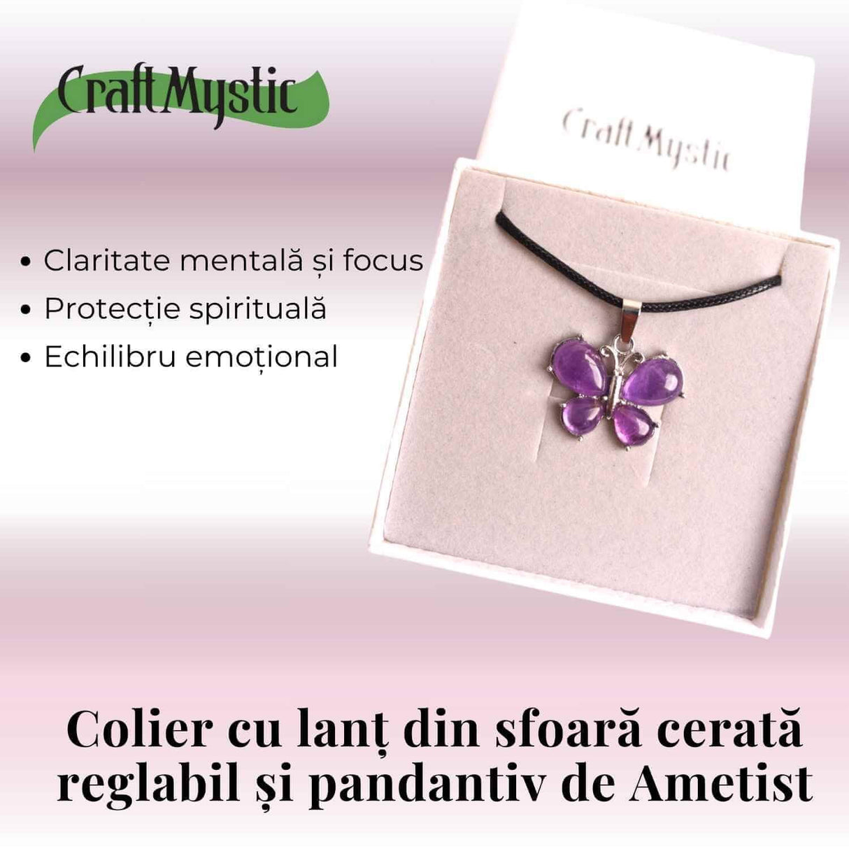 Colier ajustabil fluture cu Ametist - Protectie si Eleganta