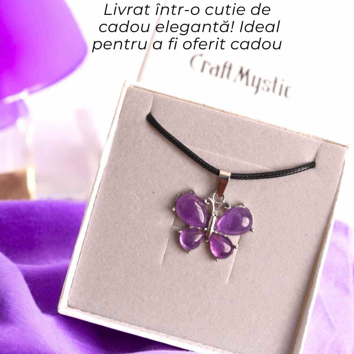 Colier ajustabil fluture cu Ametist - Protectie si Eleganta