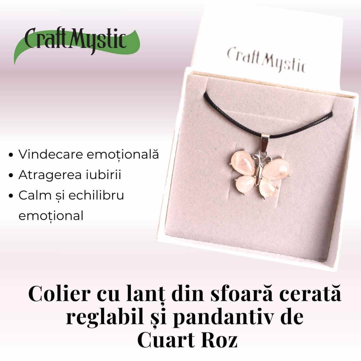 Colier ajustabil fluture cu Cuart Roz - Protectie si Eleganta