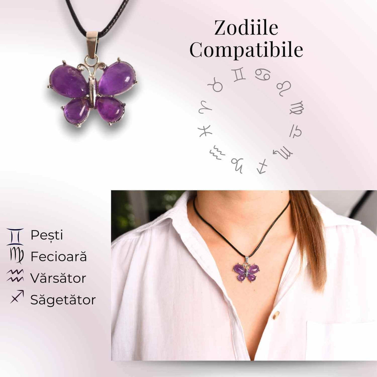 Colier ajustabil fluture cu Ametist - Protectie si Eleganta