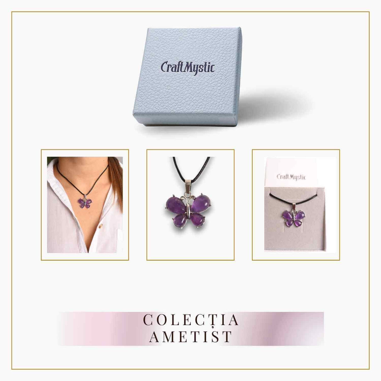 Colier ajustabil fluture cu Ametist - Protectie si Eleganta