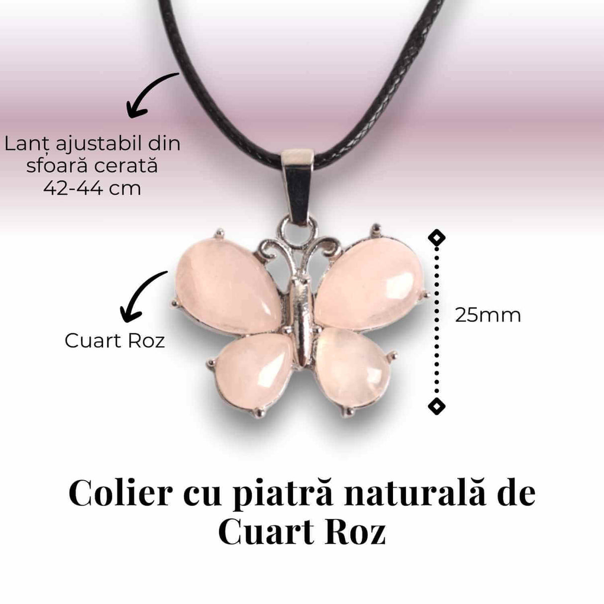 Colier ajustabil fluture cu Cuart Roz - Protectie si Eleganta