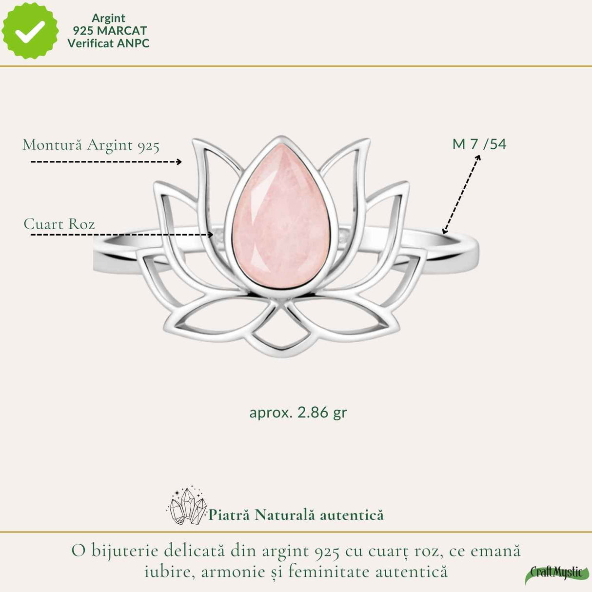 Inel Cuart Roz fatetat Lotus din Argint 925 – iubire de sine si echilibru interior