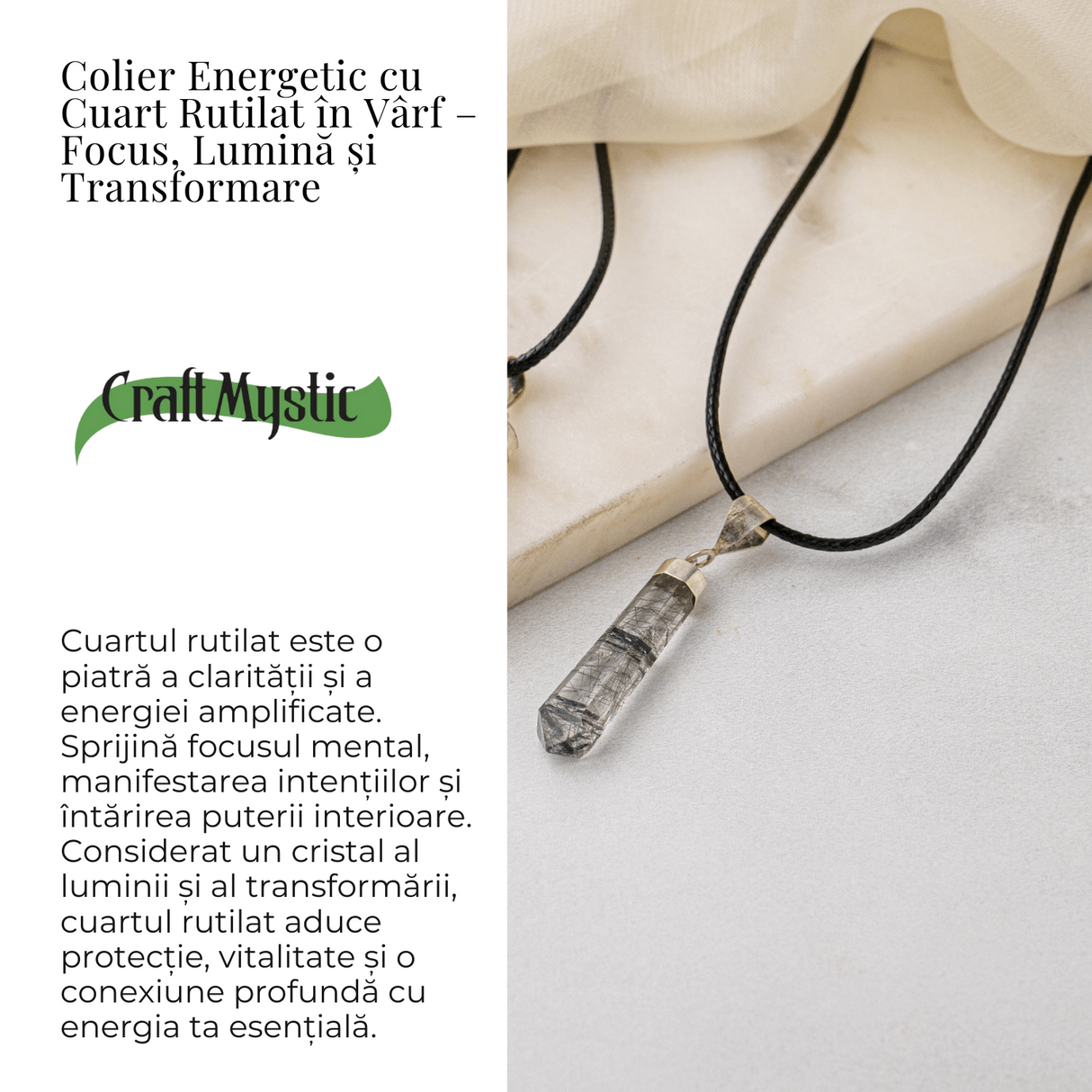 Colier cu Cuart Rutilat in Forma de Varf Lung - Claritate, Protectie si Energie Amplificata