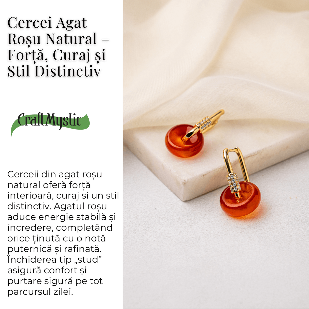 Cercei Cupru Placat Auriu cu Agat Rosu forma Pi - Energie, Curaj si Eleganta Vibranta