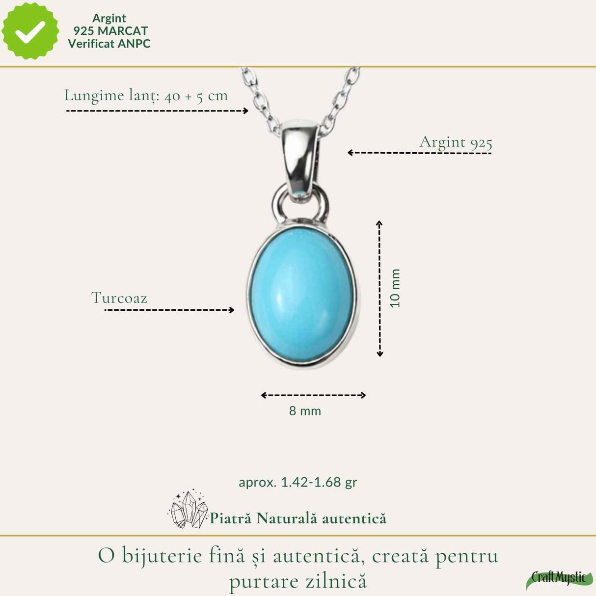 Colier Argint 925 cu Turcoaz Natural Oval – Echilibru si Energie Pozitiva