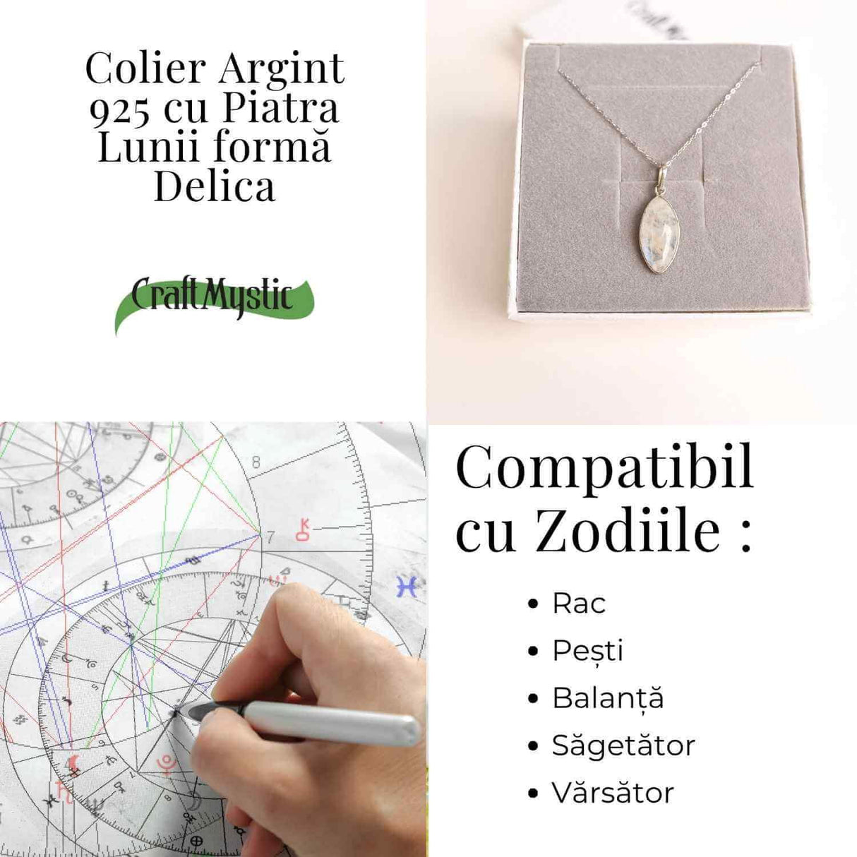 Colier din Argint 925 cu Piatra Lunii in Forma Delica - Intuitie Clara si Energie Feminina