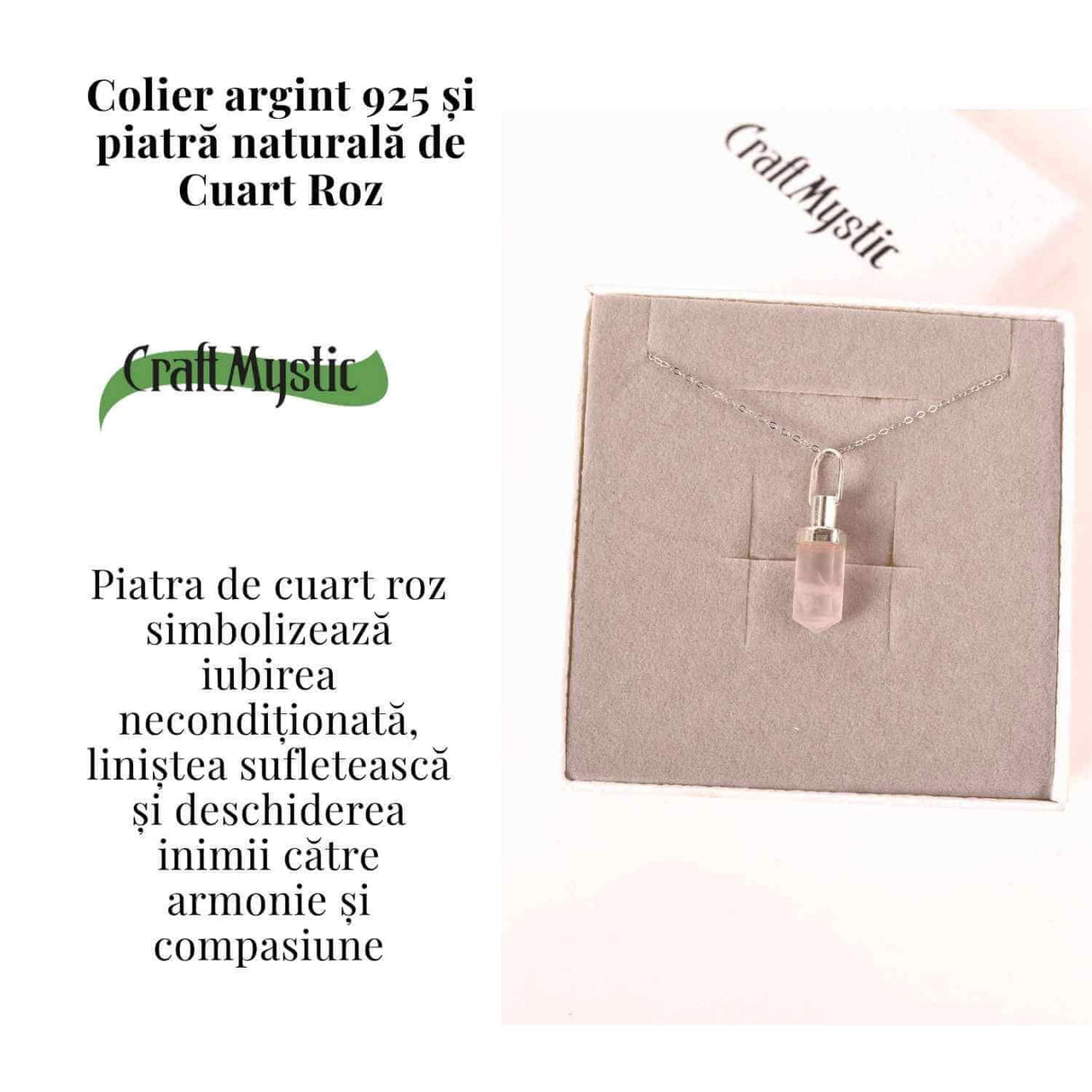 Colier Argint 925 cu Cuart Roz Natural - Echilibru, Iubire si Energie Pozitiva