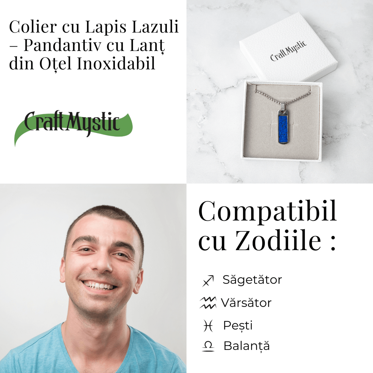 Colier otel inoxidabil cu Lapis Lazuli natural dreptunghiular - Intelepciune si Armonie Interioara