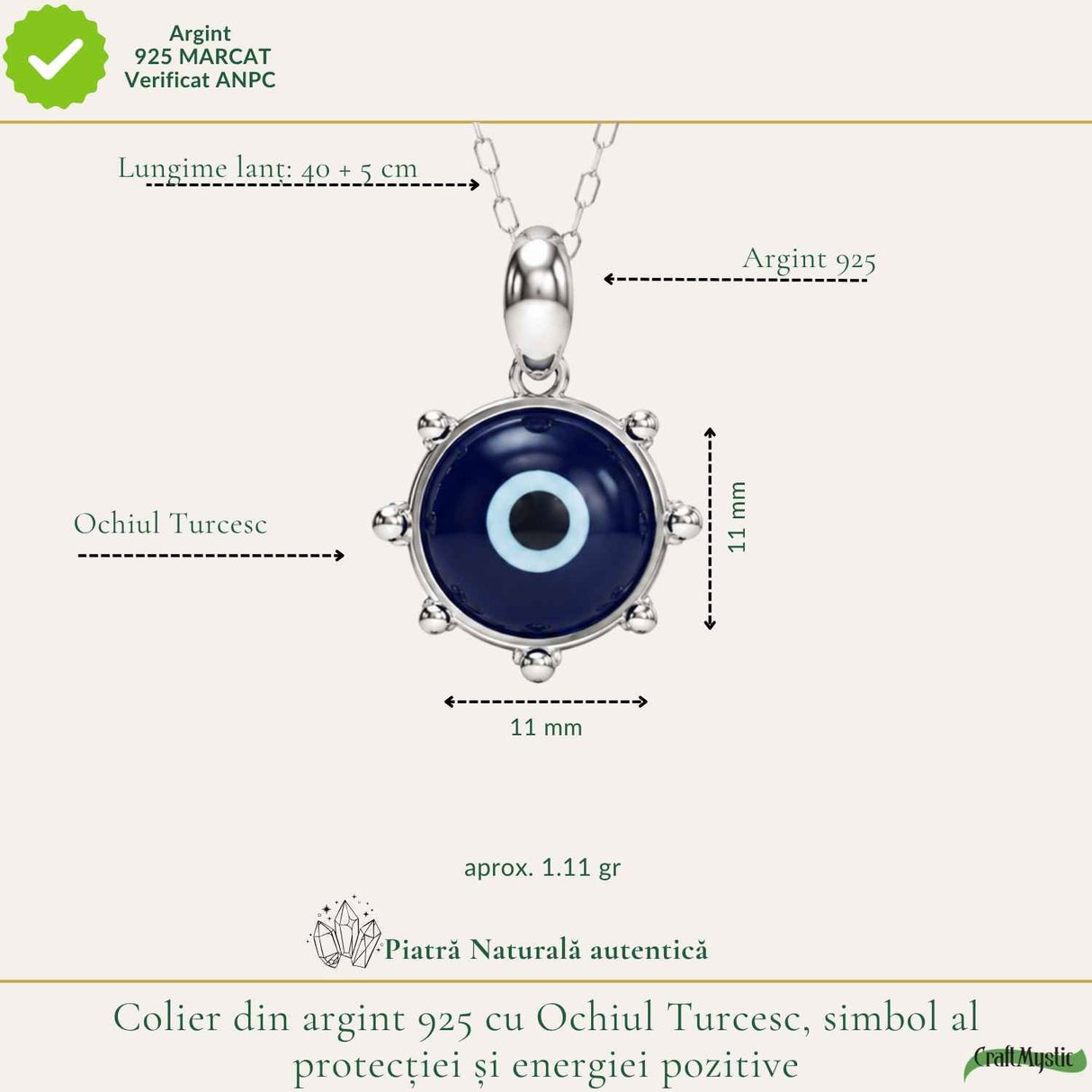 Colier Ochiul Turcesc din Argint 925 – Protectie Energetica si Noroc