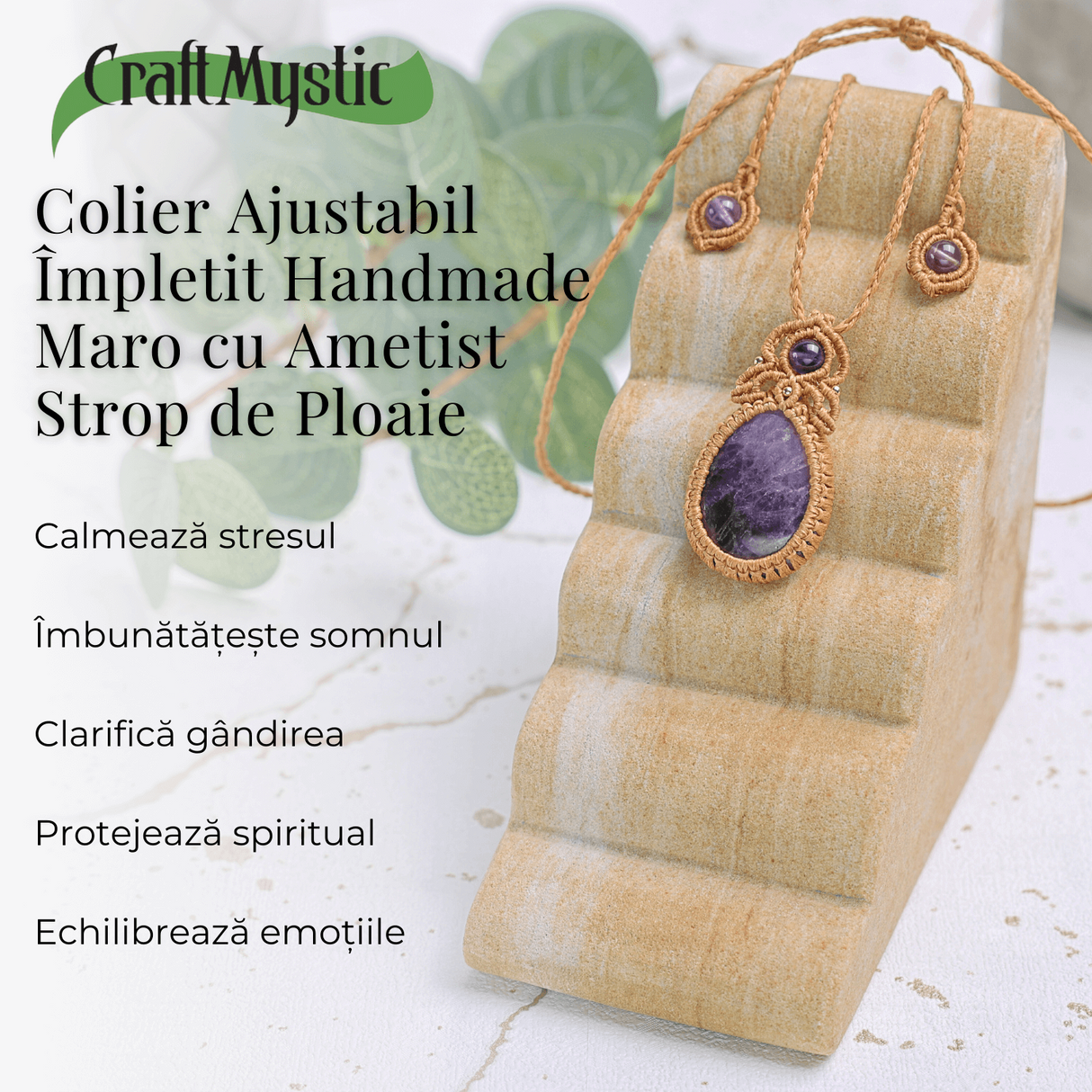 Colier Ajustabil Handmade cu Ametist sub forma de Strop de Ploaie - Maro, Lungime Maxima 45 cm