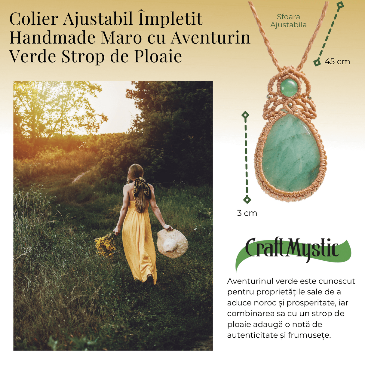 Colier Ajustabil Handmade cu Aventurin Verde sub forma de Strop de Ploaie - Maro, Lungime Maxima 45 cm