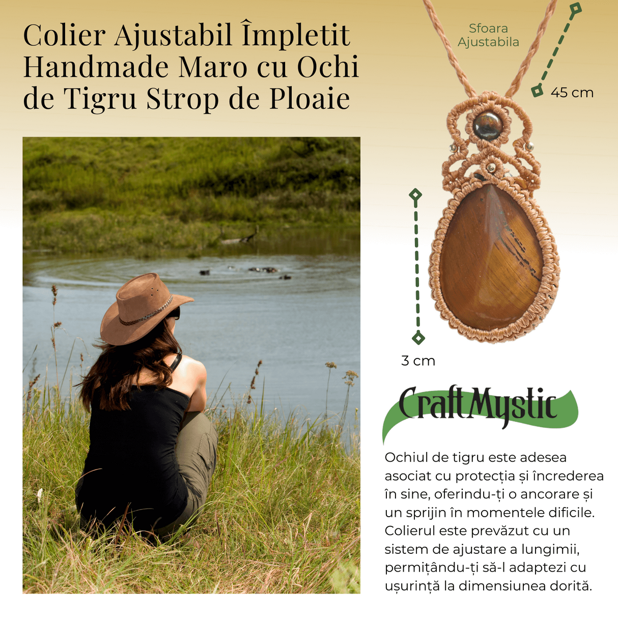 Colier Ajustabil Handmade cu Ochi de Tigru sub forma de Strop de Ploaie - Maro, Lungime Maxima 45 cm