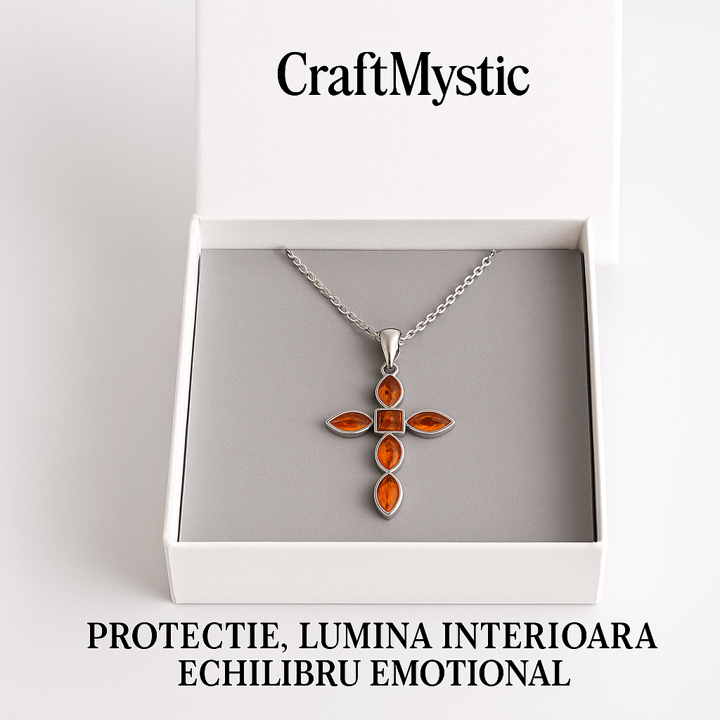 Colier cruce cu chihlimbar si montura argint 925 - Simbol sacru al puritatii si credintei