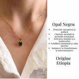 Colier lant inox cu pandantiv montura pe argint 925 placat cu aur 18k si Opal Negru - Protectie si claritate emotionala