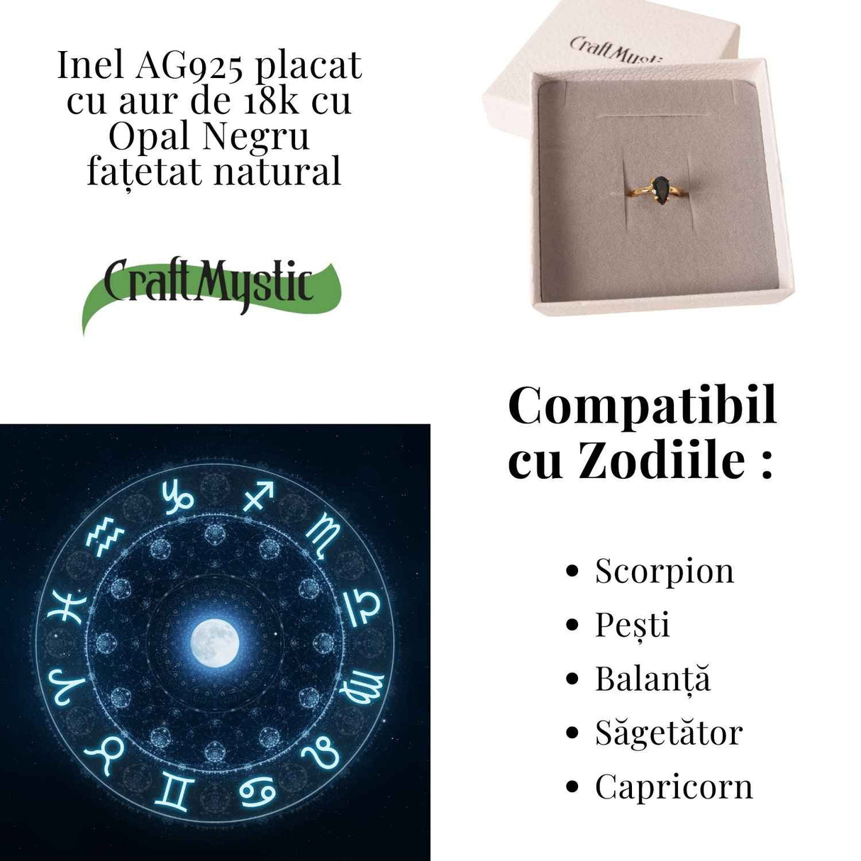 Inel Argint 925 placat cu aur 18K cu Opal Negru Fatetat oval- o reflexie profunda a intuitiei purtate cu gratie