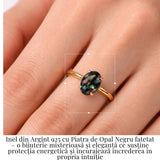 Inel Argint 925 placat cu aur 18K cu Opal Negru Fatetat oval- o reflexie profunda a intuitiei purtate cu gratie
