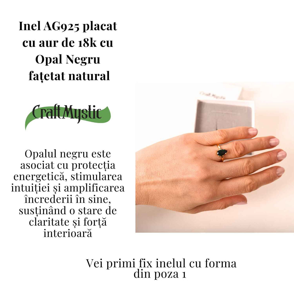 Inel Argint 925 placat cu aur 18K cu Opal Negru Fatetat oval- o reflexie profunda a intuitiei purtate cu gratie