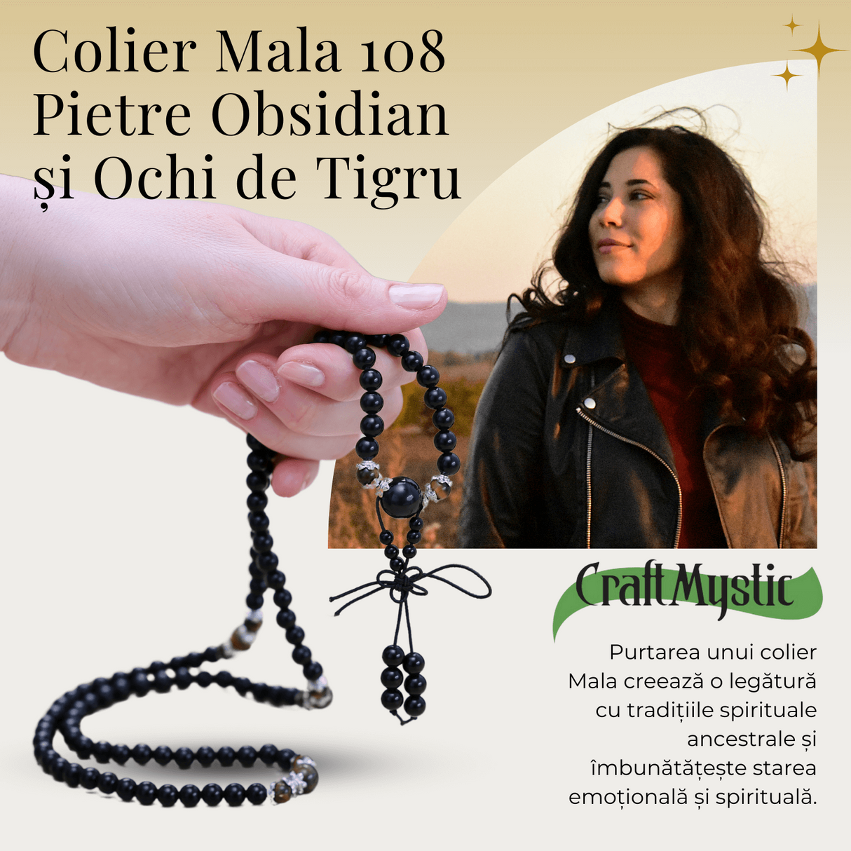 Colier Mala cu 108 Pietre din Obsidian si Ochi de Tigru