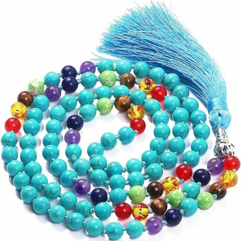 Mala Necklace with Turquoise and 7 Chakras Authentic Jade Necklace, Sacred Stone for Balance and Serenity