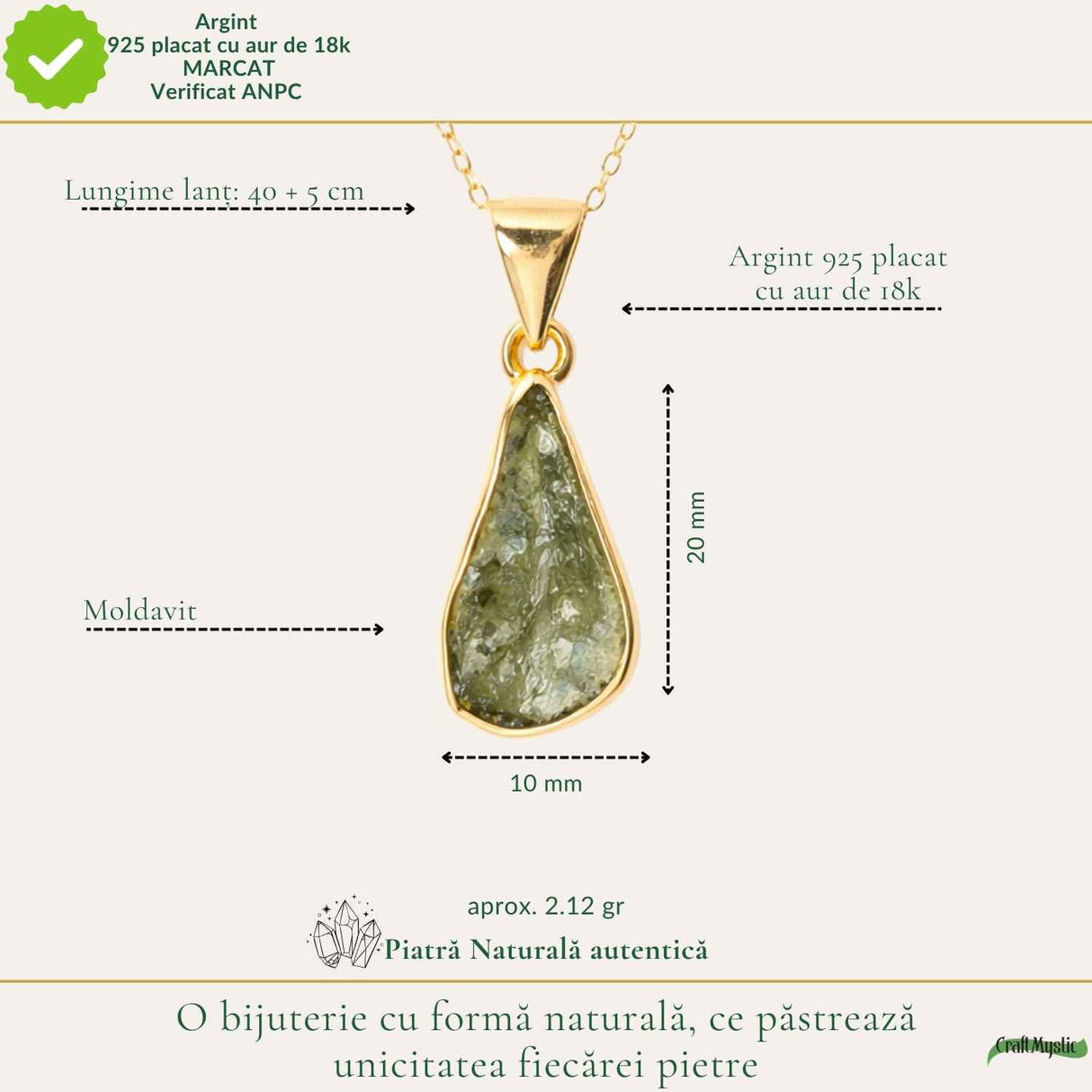 Colier Premium cu Moldavit si Argint 925 placat cu Aur 18K – Claritate, Intuitie si Echilibru