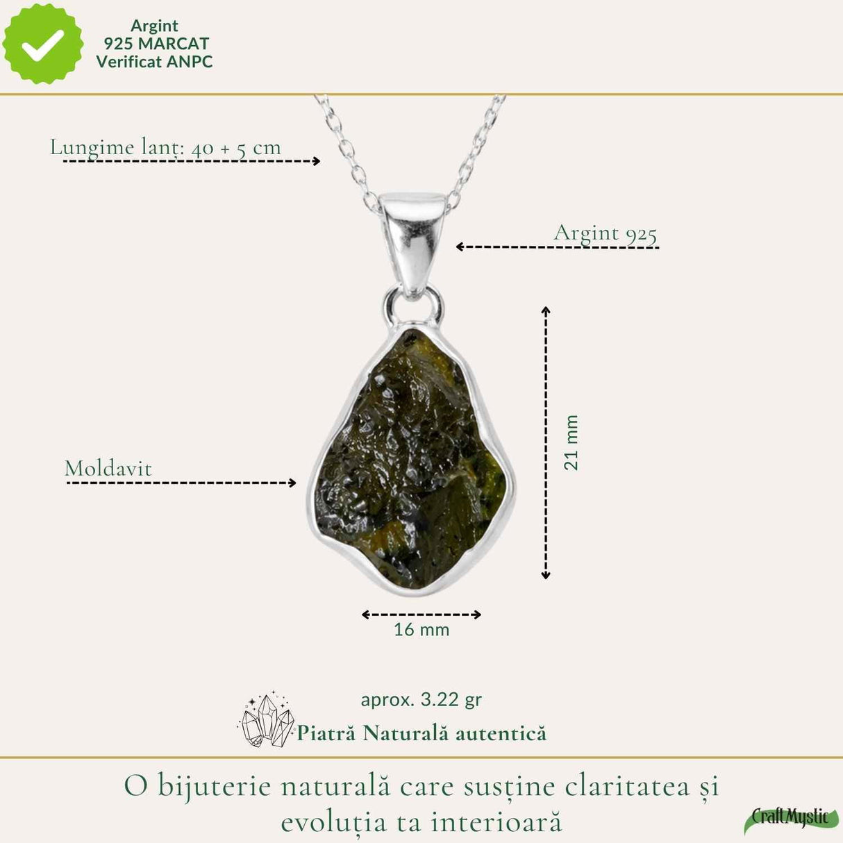 Colier Moldavit Brut Neuniform Argint 925 – Energie Intensa si Transformare