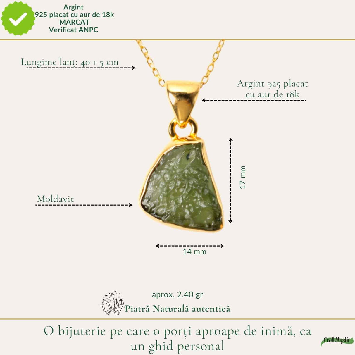Colier Moldavit Brut Neuniform cu Argint 925 Placat cu Aur 18k – Energie si Claritate Autentica